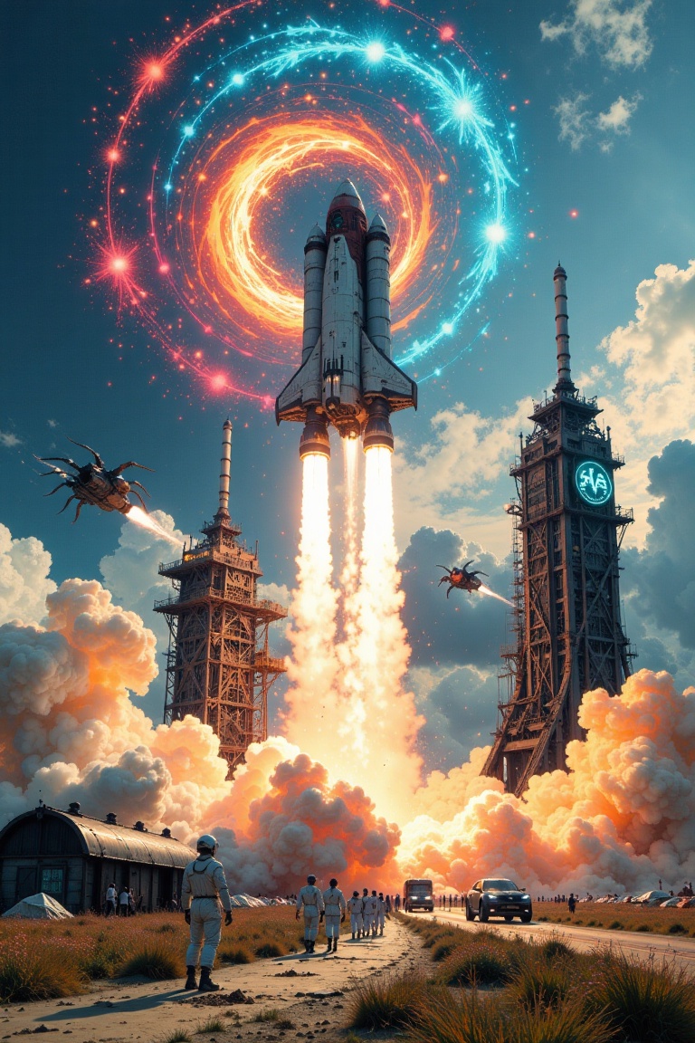 High-tech spaceship blasts off from futuristic launchpad,  soaring upward through swirling vortex of colorful flames that...
