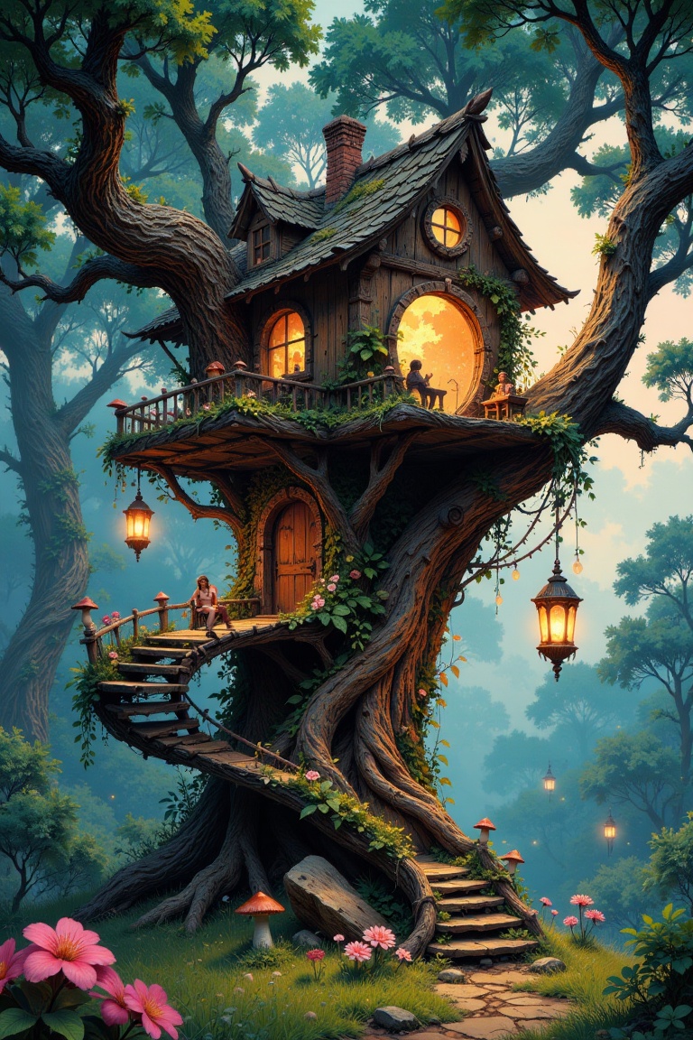 Enchanted elven treehouse nestled in an ancient oak,  with glowing lanterns hanging from twisted branches. Delicate bridge...
