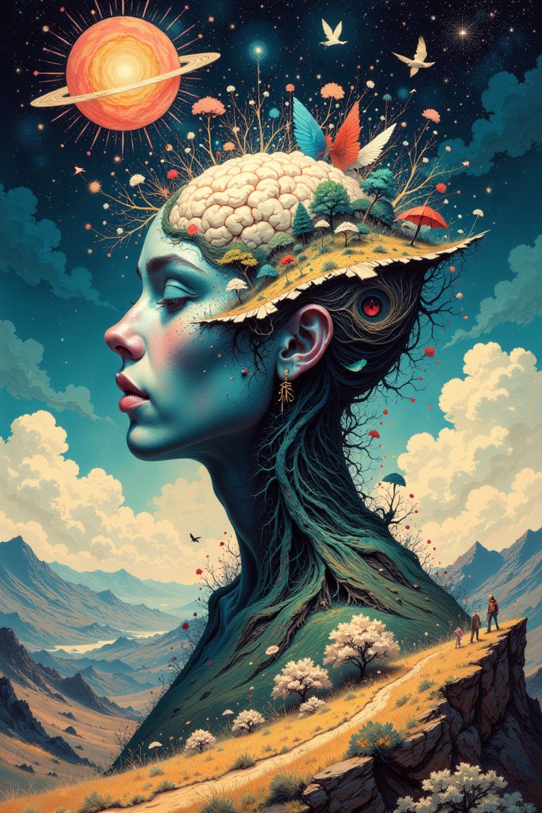 In the vast landscape of the mind,  abstract thoughts and emotions intertwine,  creating a surreal and introspective journ...