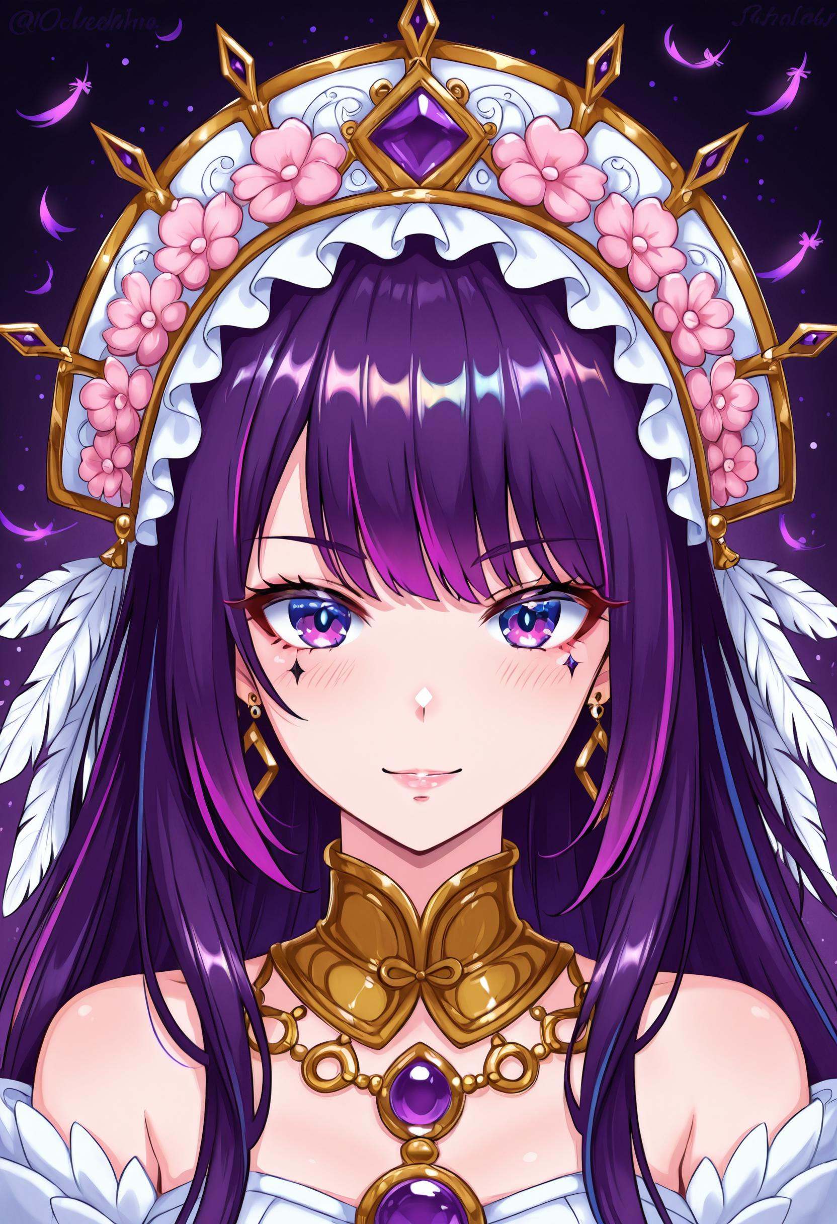 A mesmerizing digital portrait of a charismatic woman with piercing violet eyes,  adorned in an ornate headdress,  surroun...
