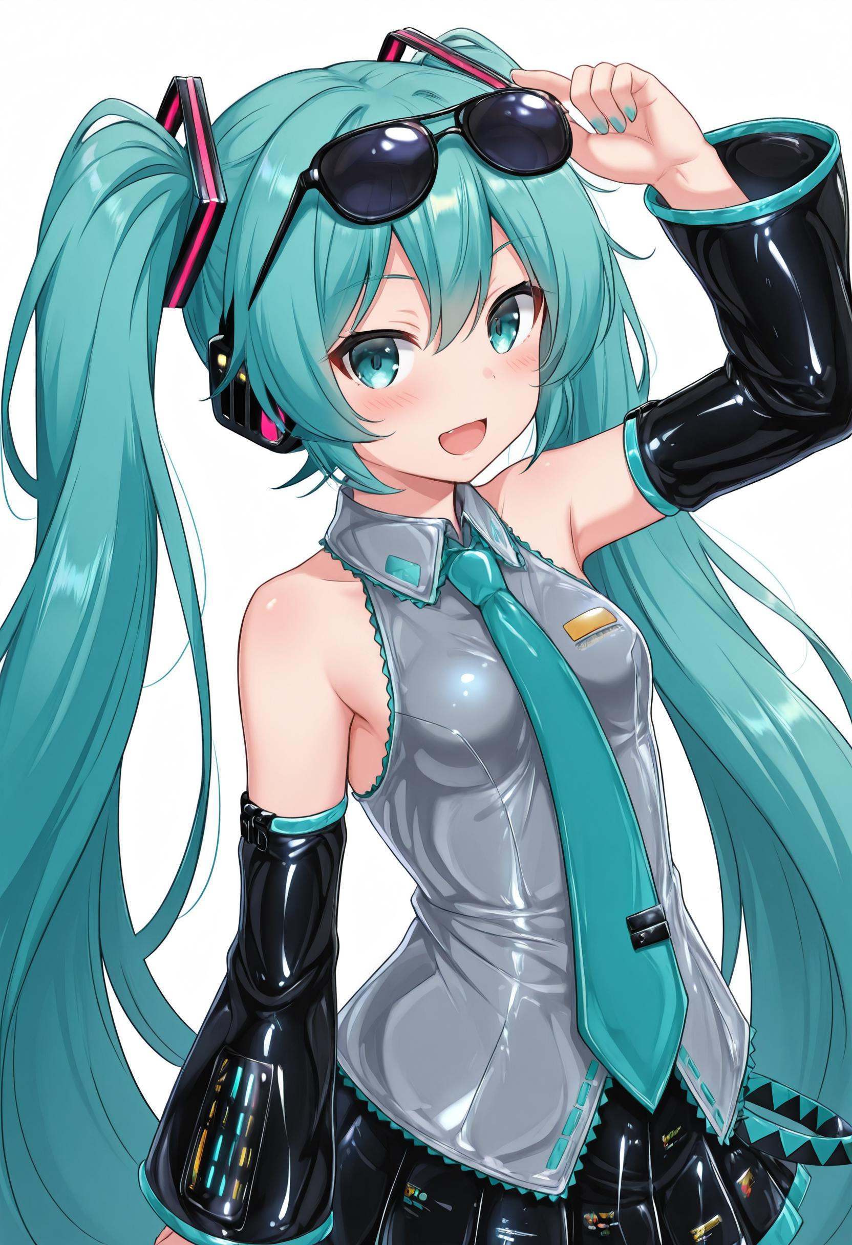 high quality production photography of a nendoroid of hatsune miku wearing sunglasses on Tensor.Art