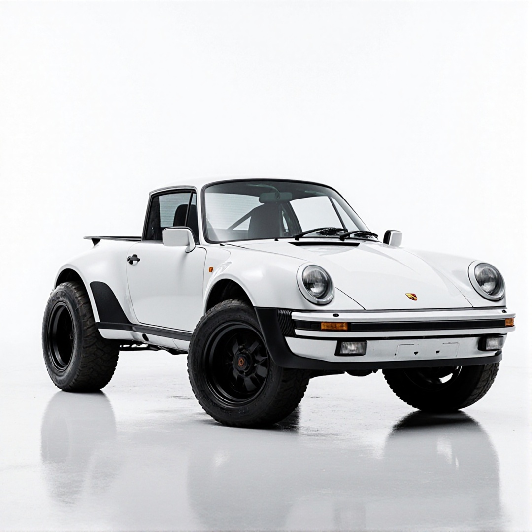 Porsche converted to pickup,  pickup bed 911 front grill,  Porsche 911 front half/pickup back half on Tensor.Art