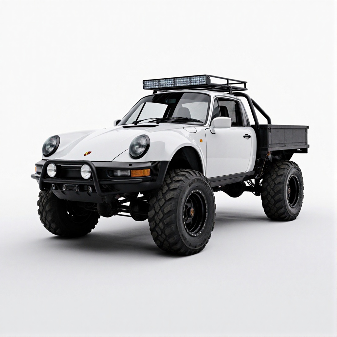 Porsche converted to pickup,  pickup bed 911 front grill,  Porsche 911 front half/pickup back half on Tensor.Art