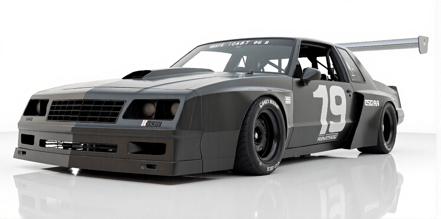 QJconceptcarstyle Old used and patina late 1980s black Chevy Monte Carlo nascar "99",  stock car race car in all white bri...