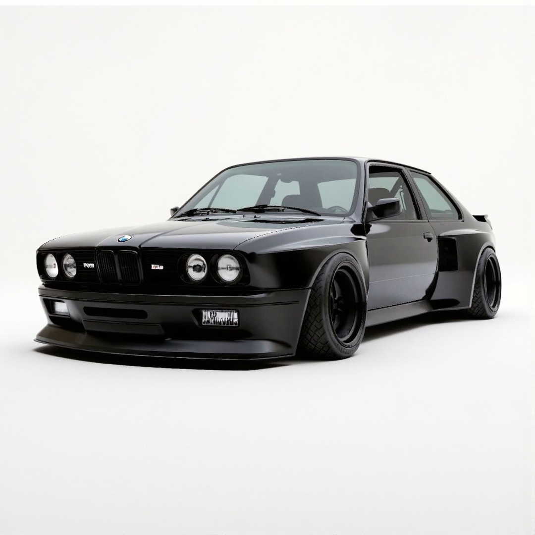 A wide angle full body side shot of the sleek black z style bmw coupe hatch. This is a concept vehicle made in 1985: use t...