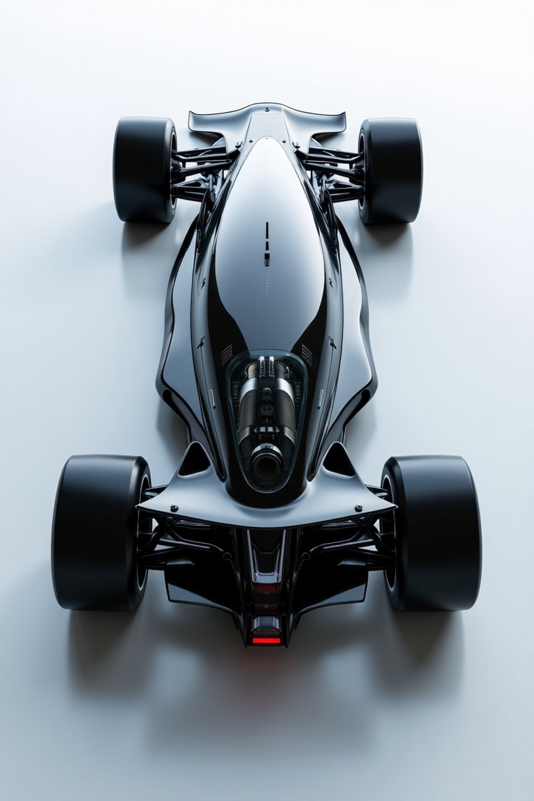Aerial view of 2077 concept SPACEX race car,  showcasing perfect symmetry. The rear-mounted engine is prominently visible...