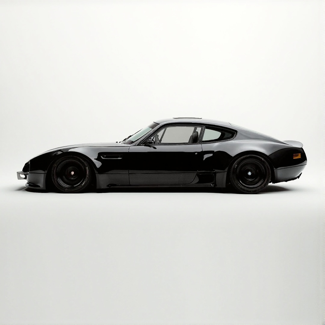 A wide angle full body side shot of the sleek black z style bmw coupe hatch. This is a concept vehicle made in 1965: use t...