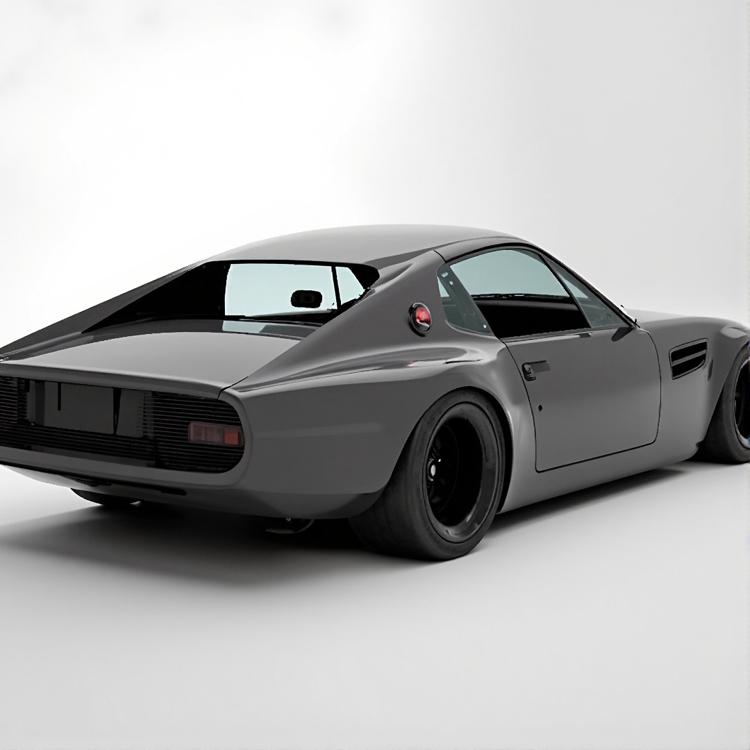 A wide angle full body side shot of the sleek black z style bmw coupe hatch. This is a concept vehicle made in 1965: use t...
