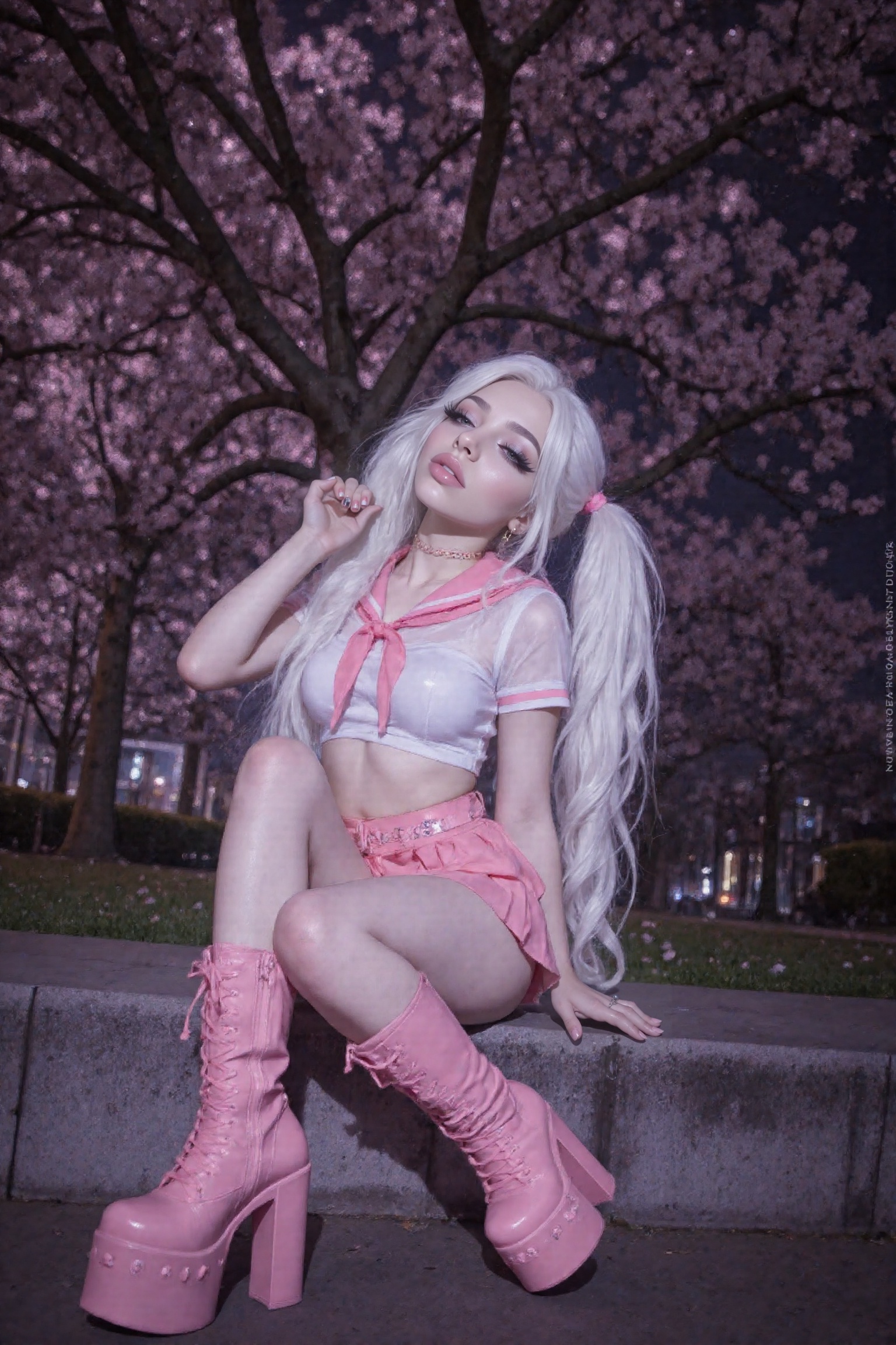 a girl outside at night at a park in a pink cyberpunk city. it is late,  the sky is very dark. she is sitting in a sexy ye...