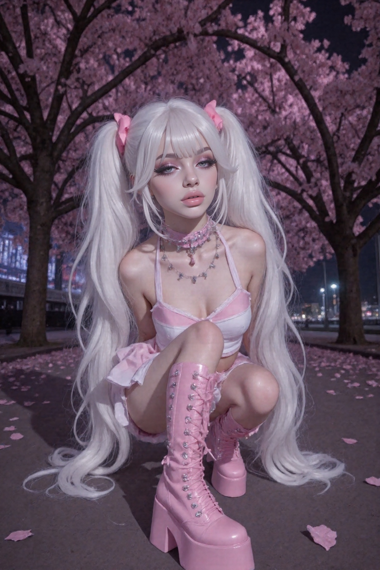a girl outside at night at a park in a pink cyberpunk city. it is late,  the sky is very dark. she is sitting in a sexy ye...