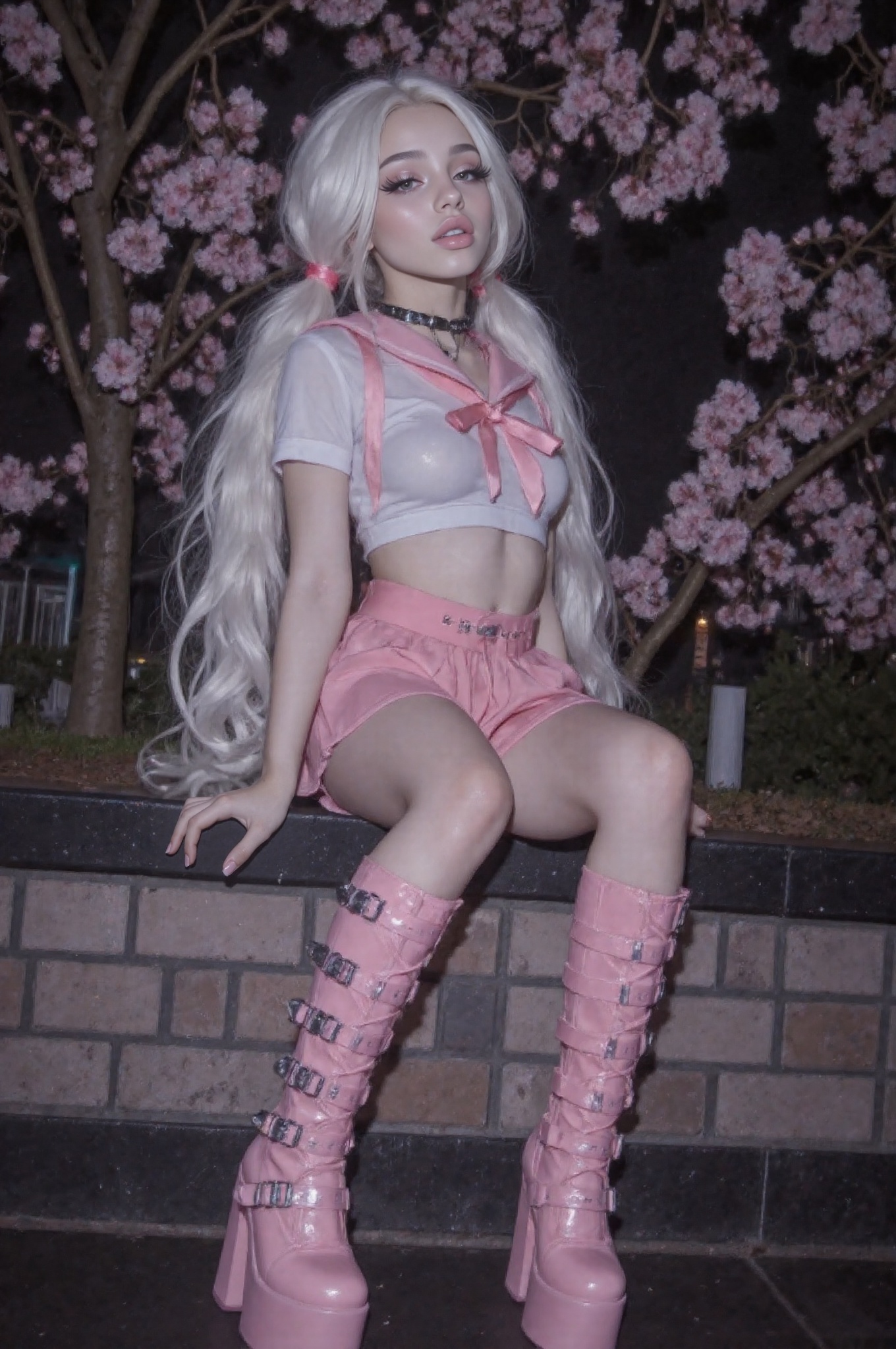 a girl outside at night at a park in a pink cyberpunk city. it is late,  the sky is very dark. she is sitting in a sexy ye...