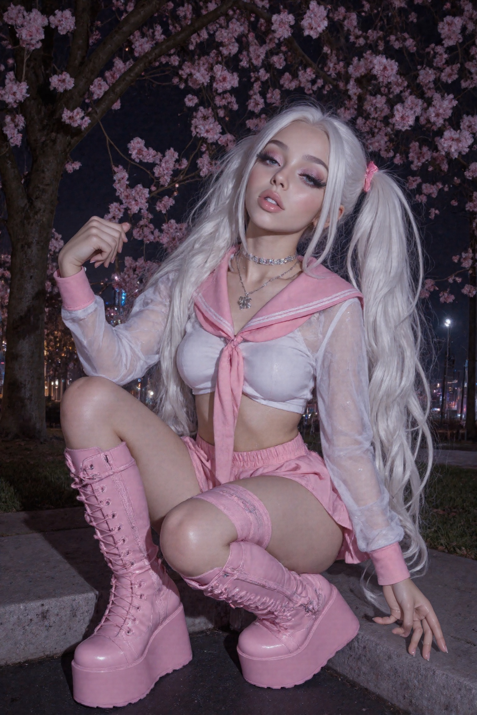 a girl outside at night at a park in a pink cyberpunk city. it is late,  the sky is very dark. she is sitting in a sexy ye...