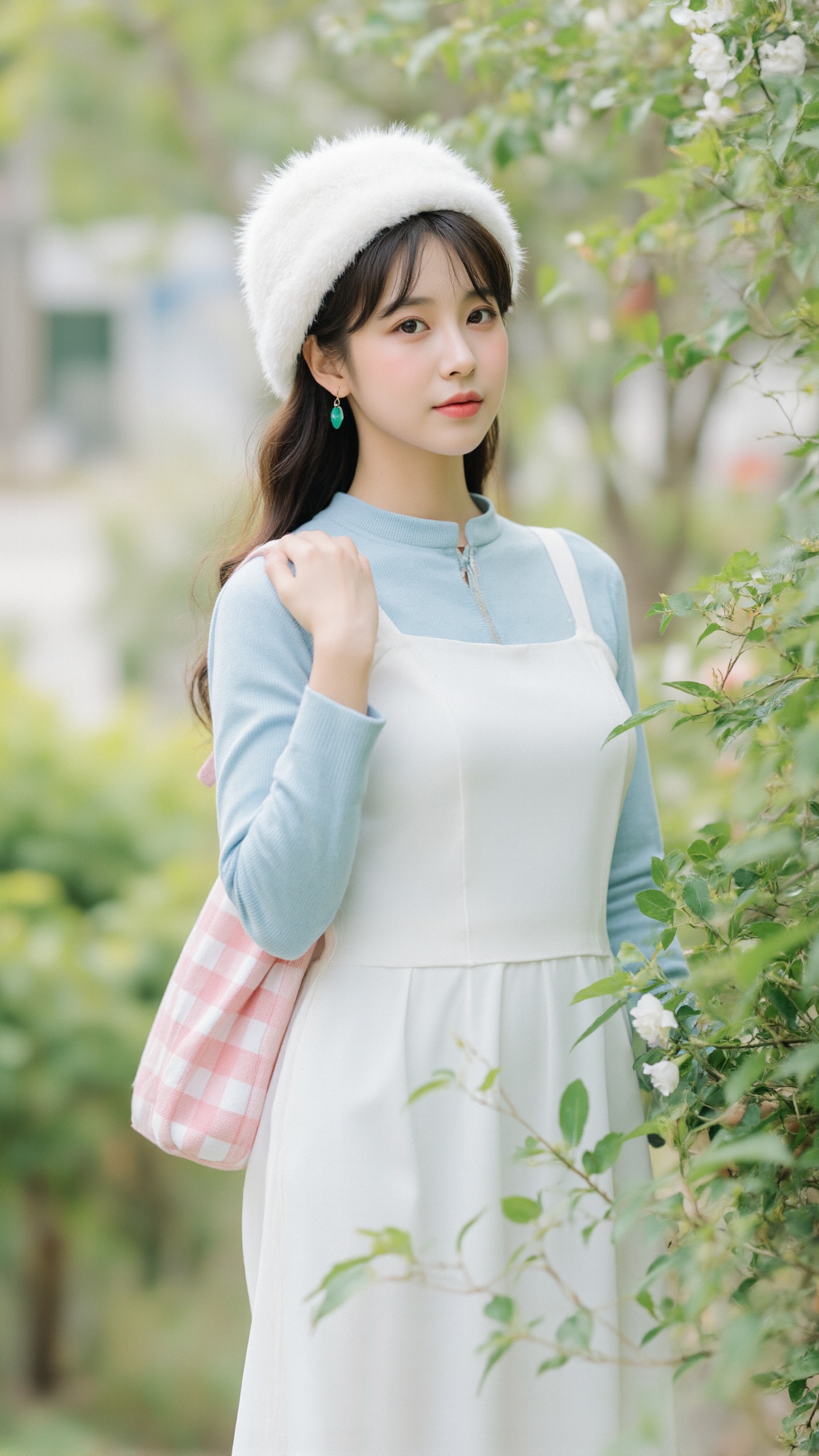 The image shows a young woman standing outdoors,  surrounded by green foliage. She is wearing a white fluffy hat,  a light...