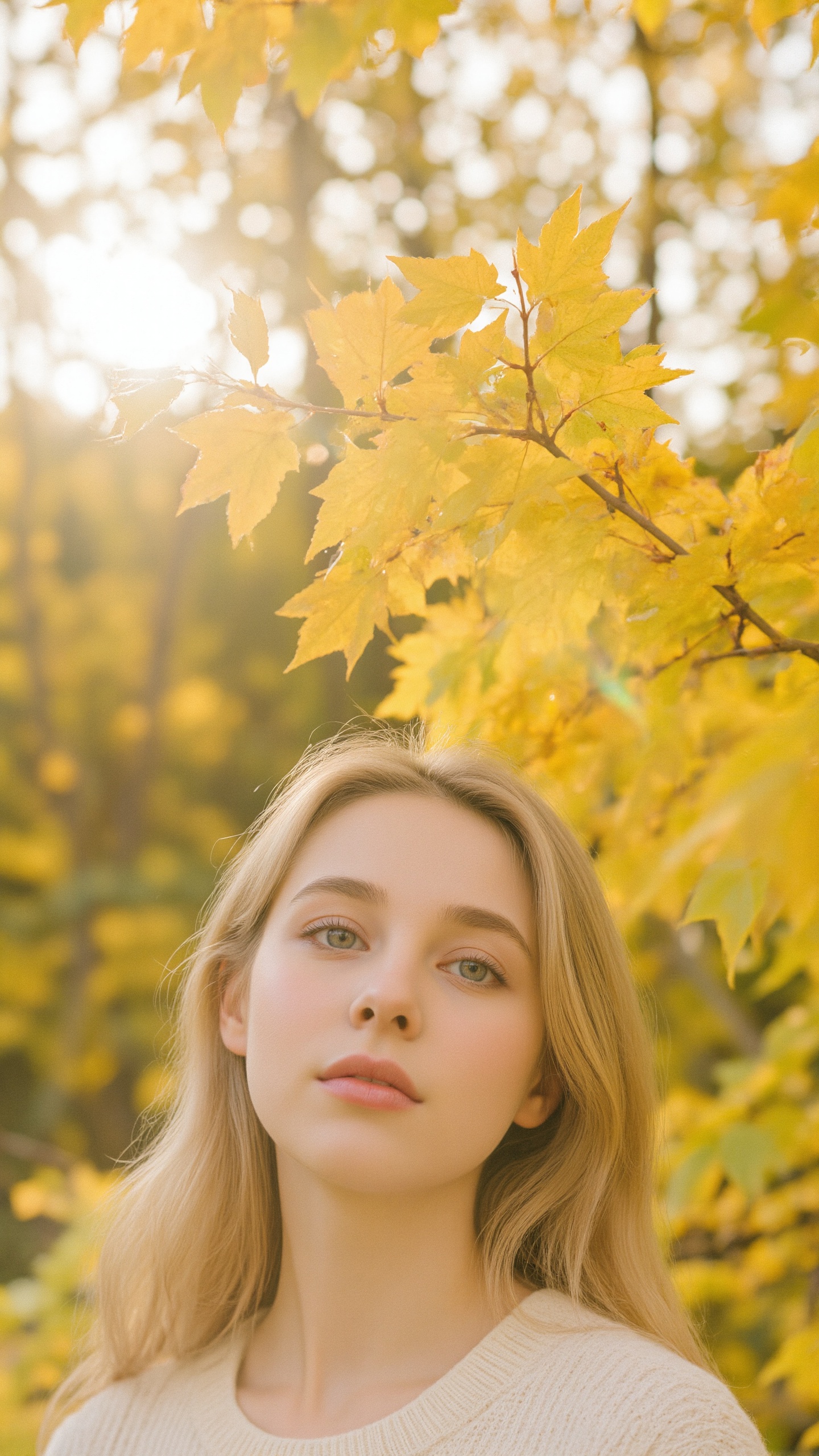 A photograph of a young woman with fair skin and blonde hair,  wearing a cream sweater,  gazing upwards towards bright on...
