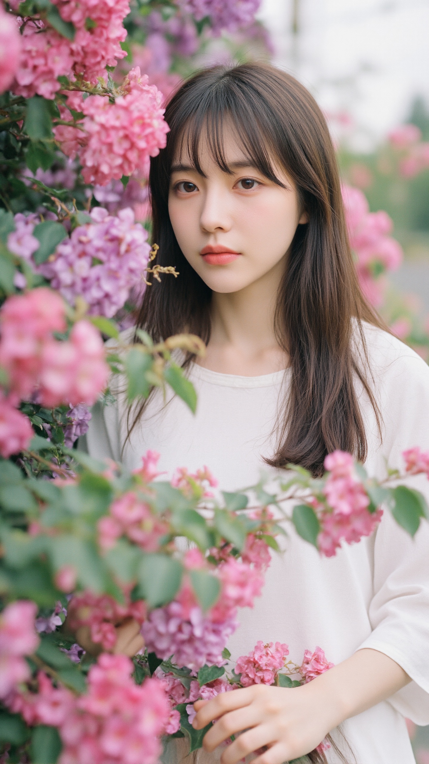 A young Asian woman with long,  straight,  dark brown hair and bangs stands among vibrant pink and purple flowers on Tenso...