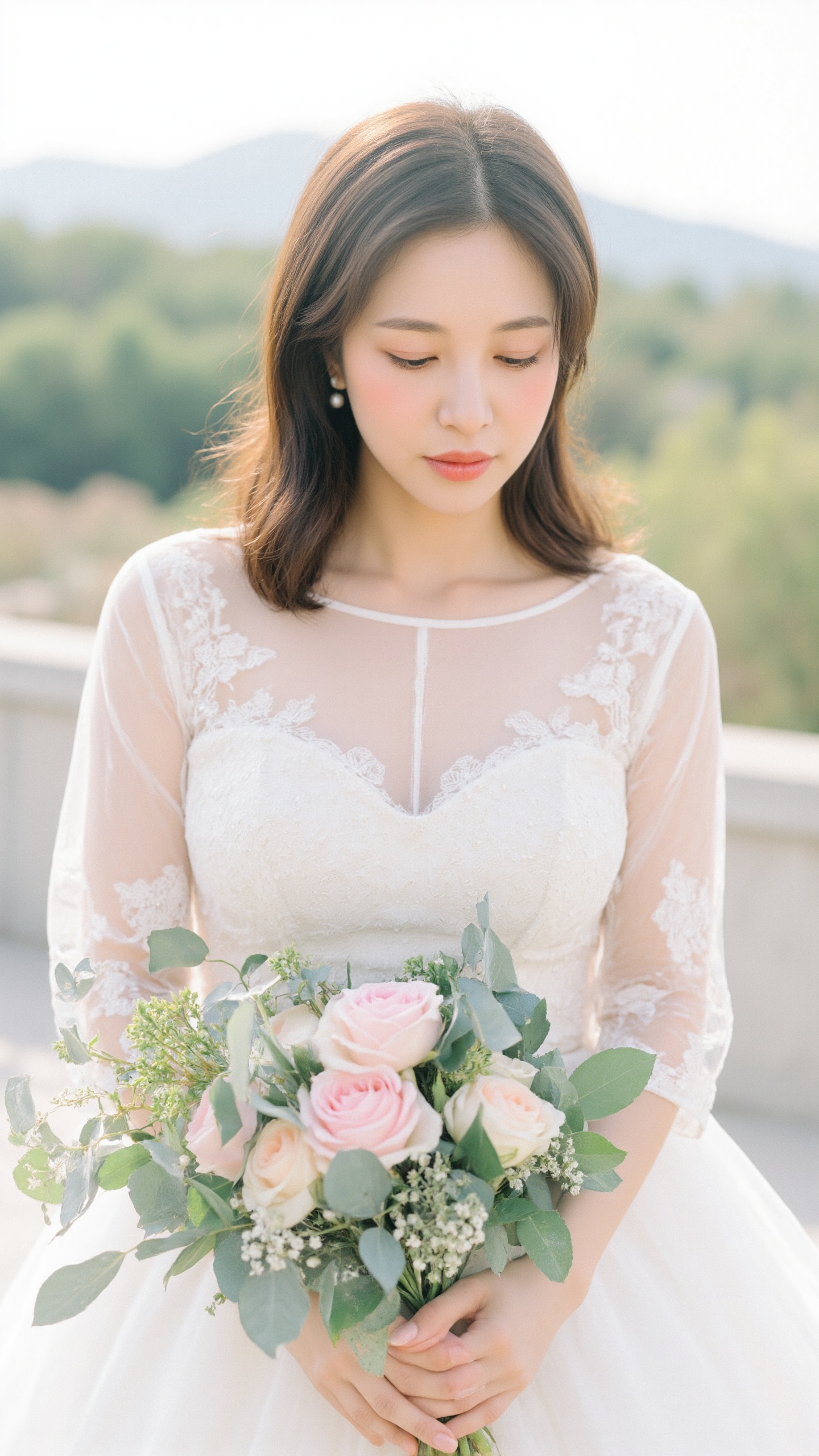 This is a photograph of an Asian woman with fair skin,  medium-length brown hair,  and small pearl earrings. She wears a s...