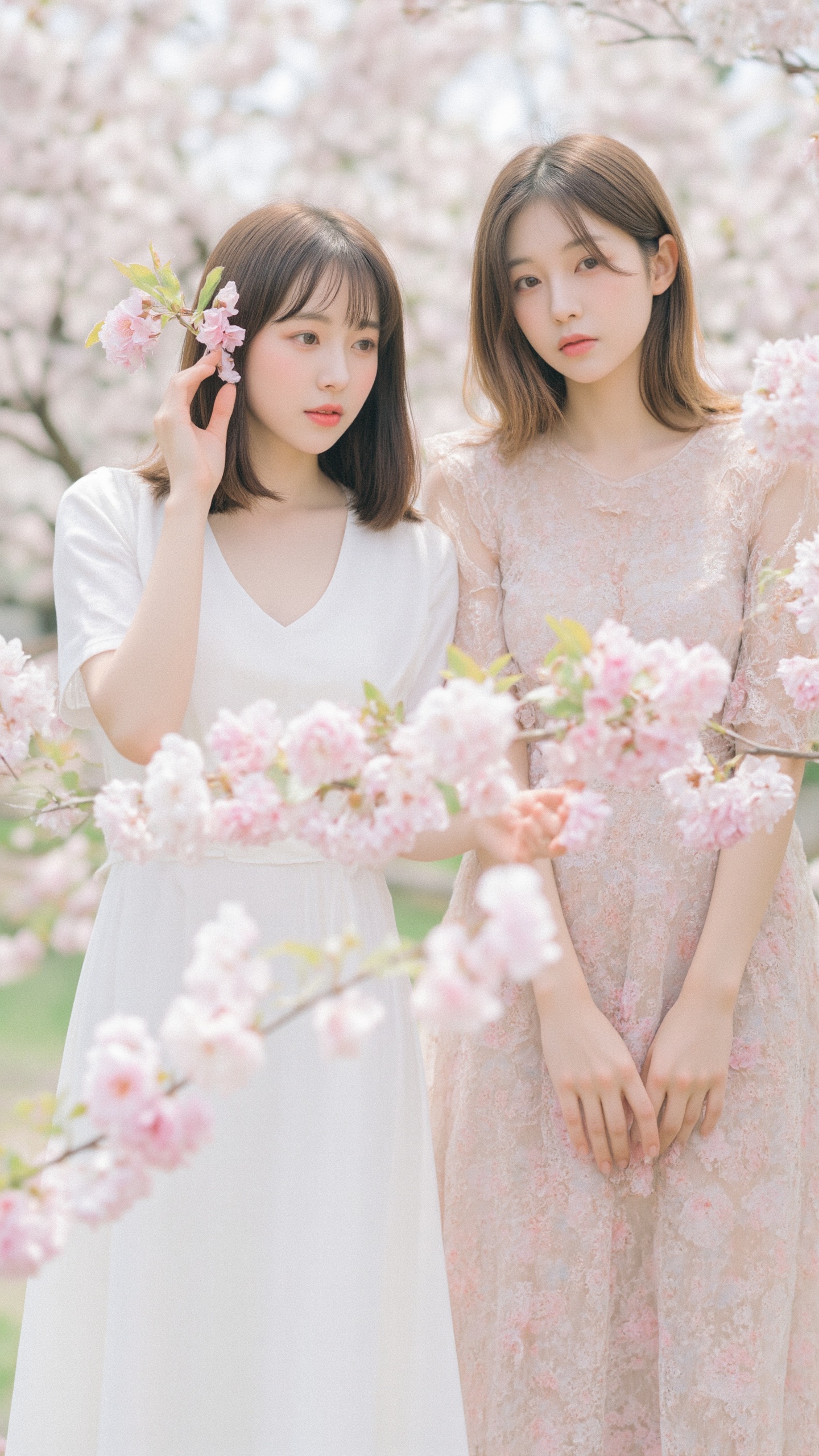 A photograph of two Asian women with straight,  shoulder-length brown hair. One in a white dress touches a flower; the oth...