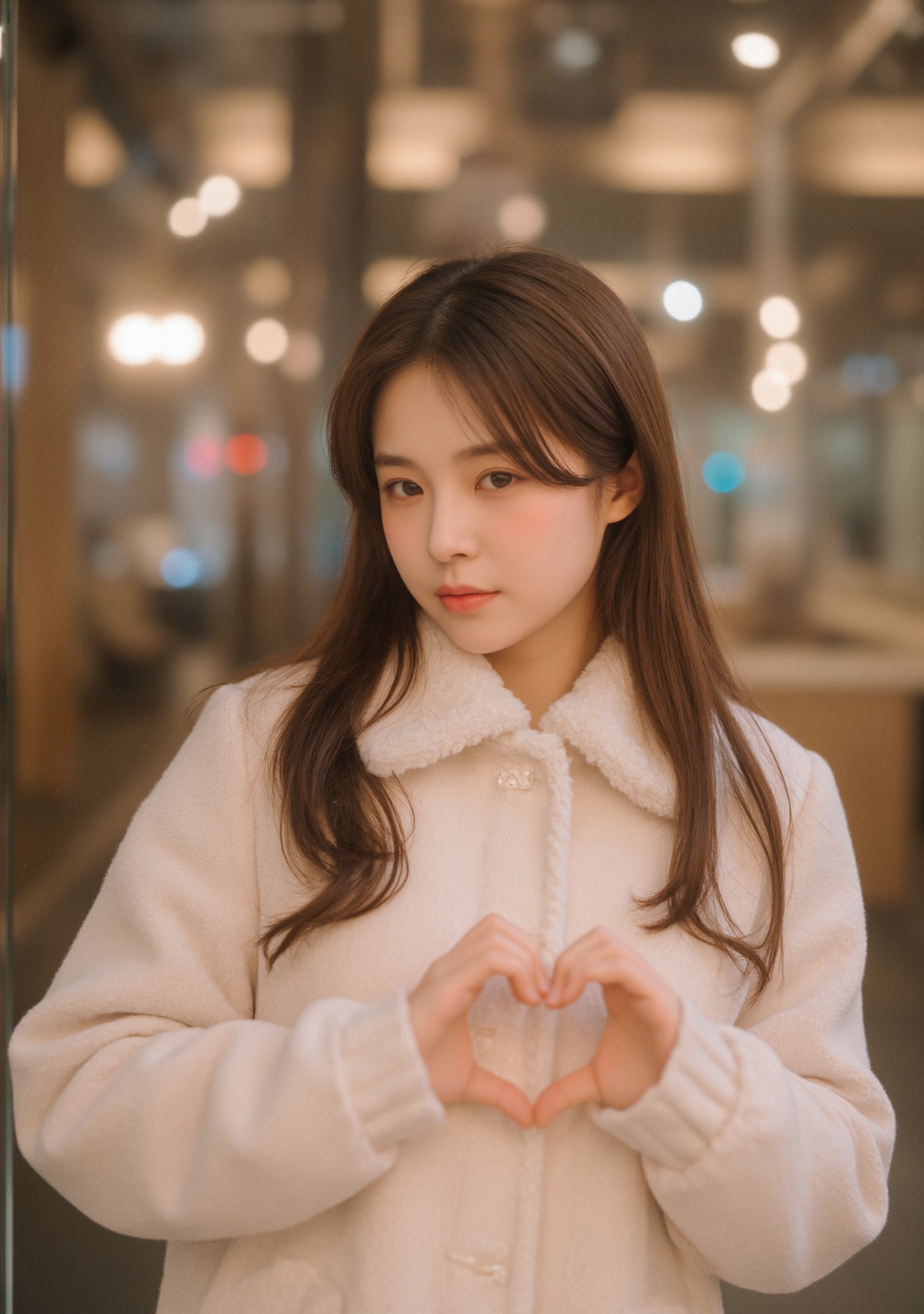 The image shows a young woman with long brown hair,  wearing a light-colored coat with a fur-lined collar. She is standing...