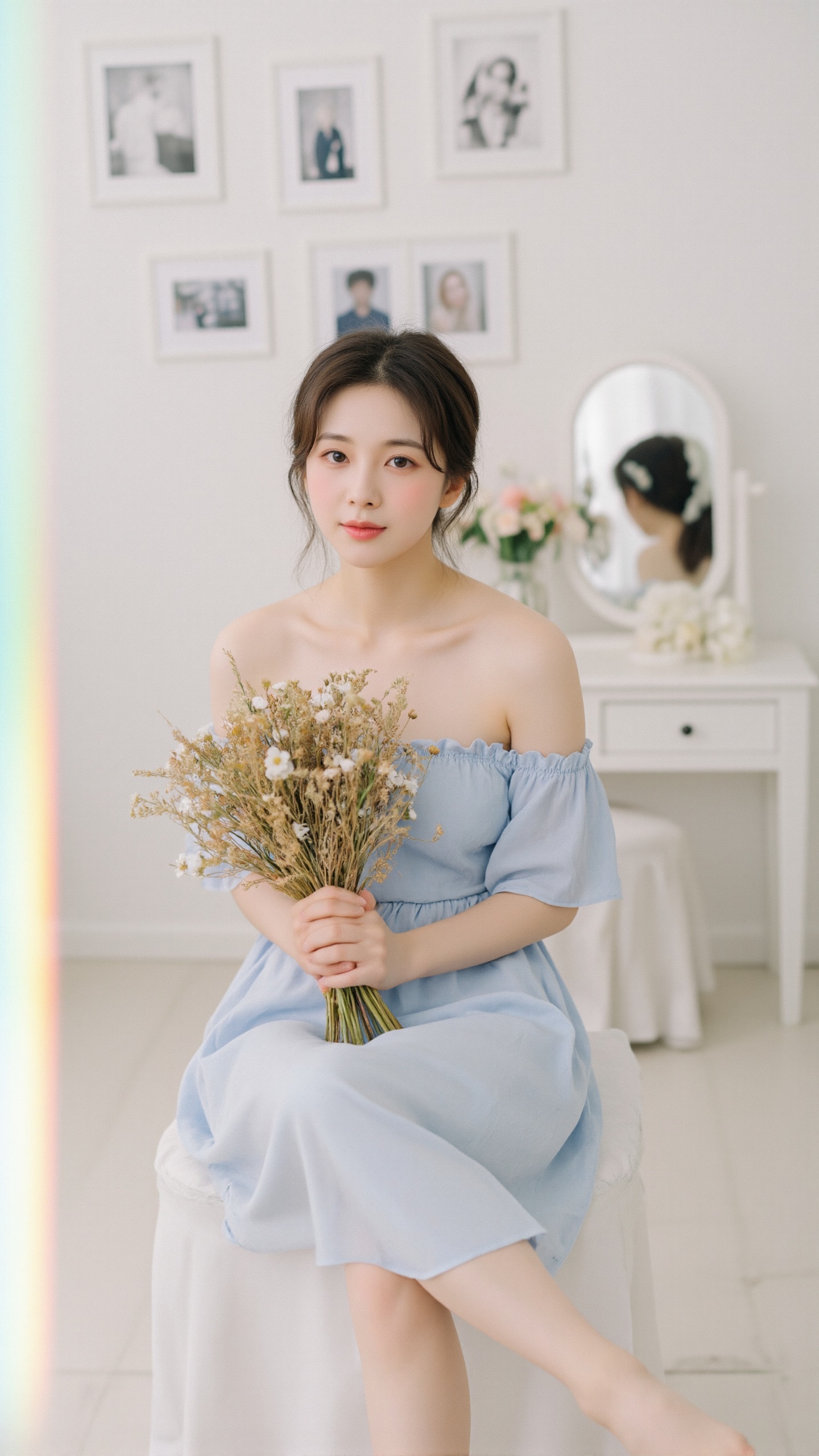 The image depicts a young woman sitting on a chair,  holding a bouquet of dried flowers. She is dressed in a light blue,...