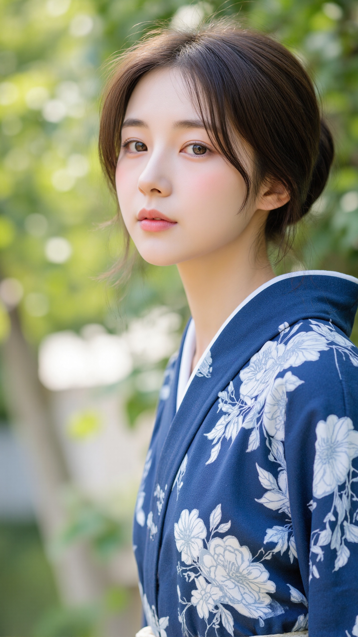 A photograph of a young Japanese woman with fair skin and delicate features,  wearing a blue yukata adorned with white flo...