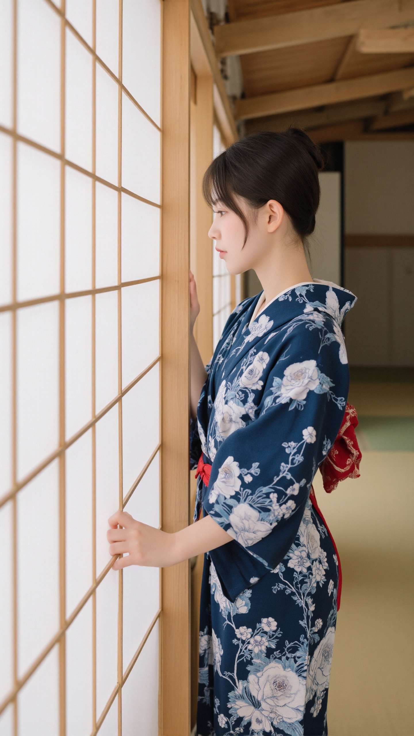 A photograph depicts a young,  fair-skinned Asian woman in a blue kimono adorned with white floral patterns,  tied with a...