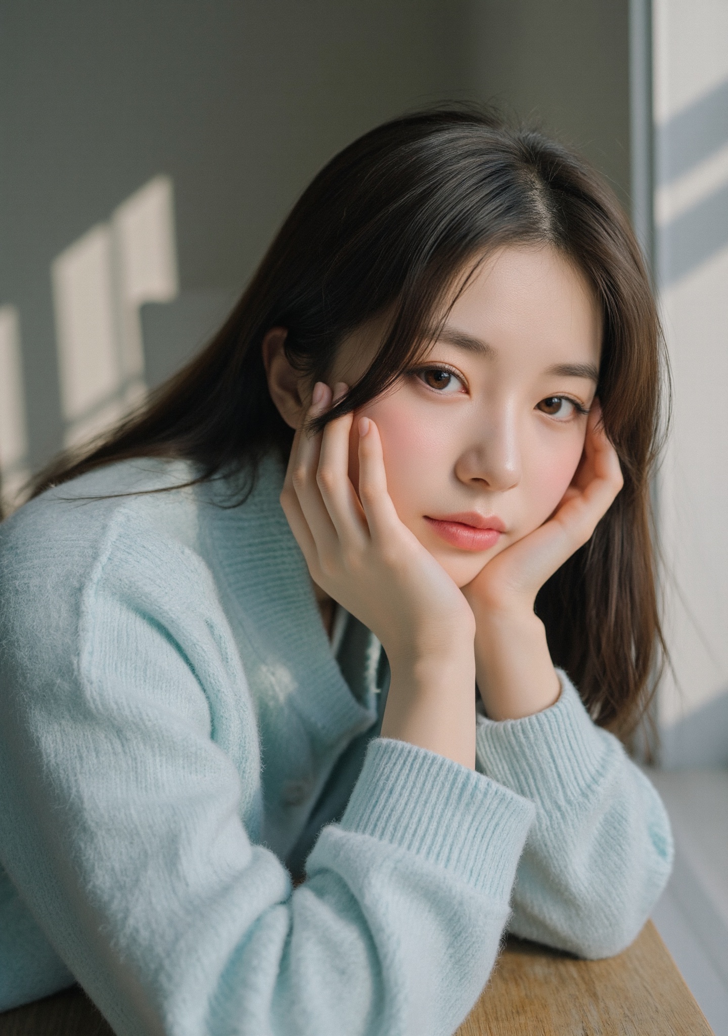 Photograph of a young East Asian woman with fair skin and long,  straight dark brown hair,  lying on a wooden surface on T...