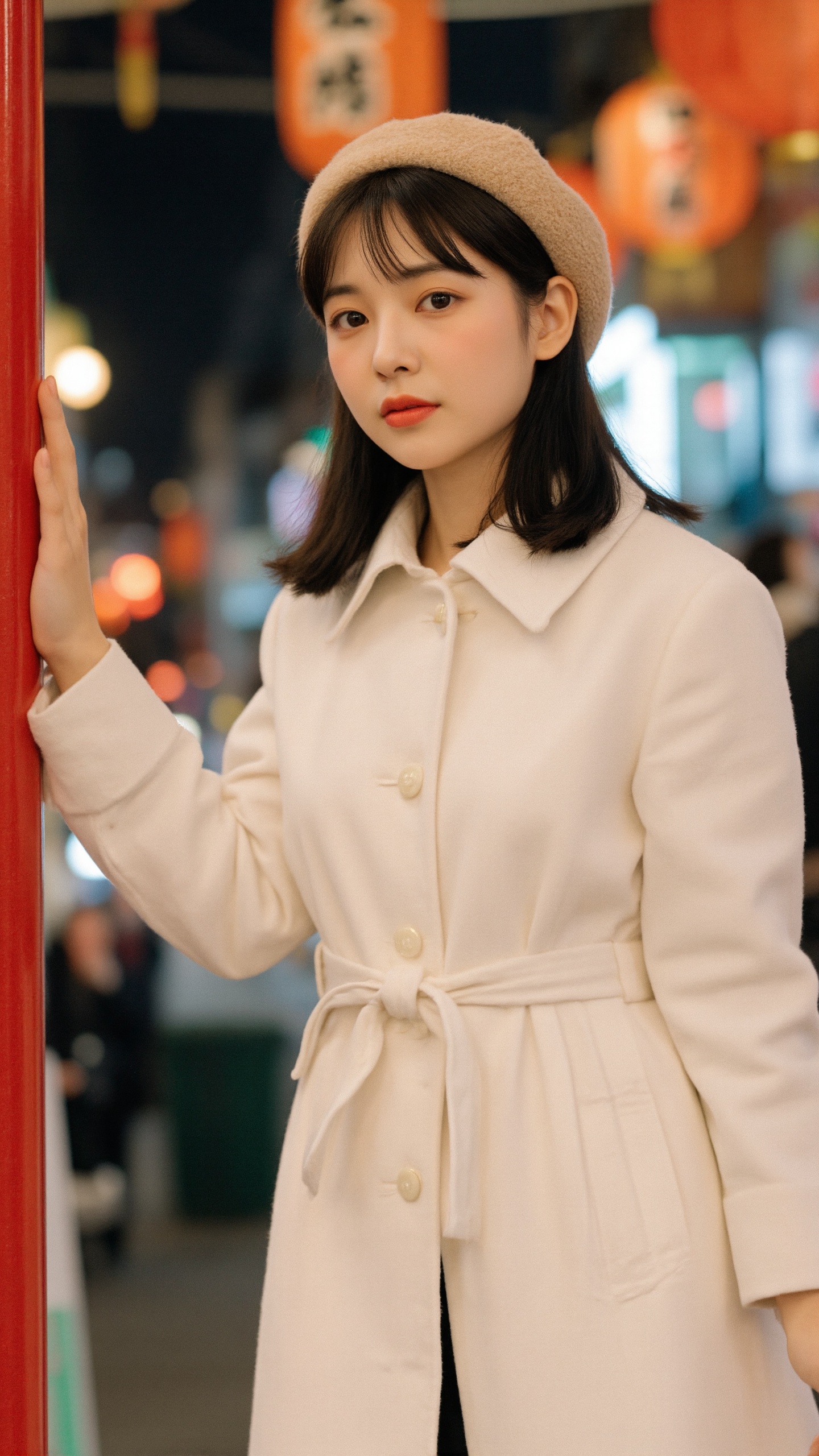 Photograph of an Asian woman with fair skin,  wearing a beige beret and white coat,  standing in an urban street at night....