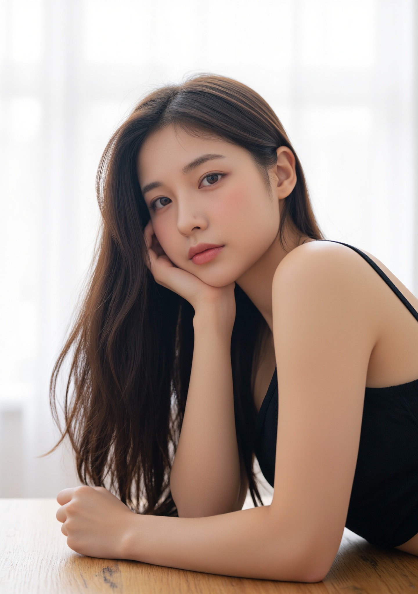Photograph of a young East Asian woman with long,  straight,  dark brown hair. She is lying on a wooden table on Tensor.Art