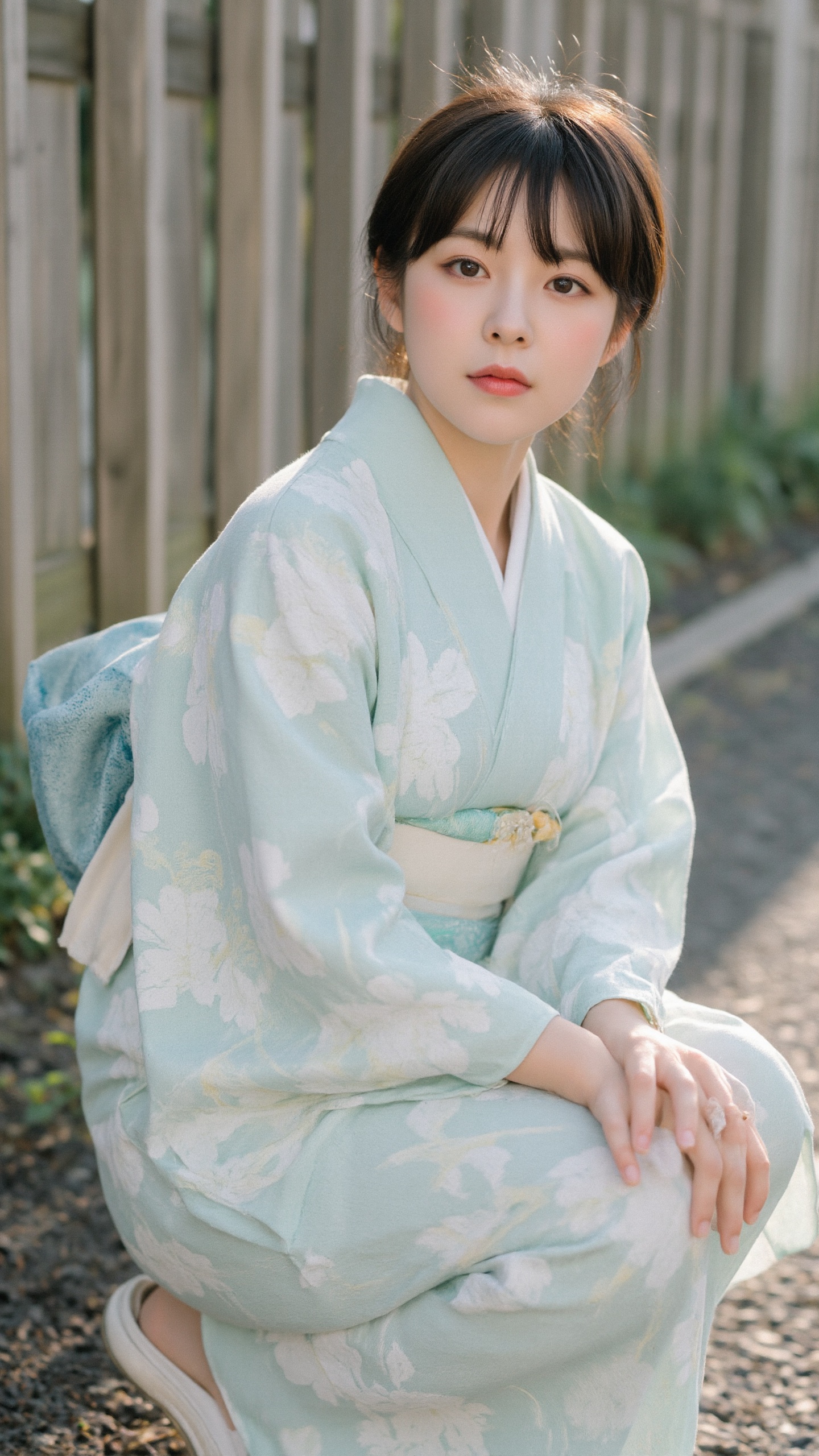 A beautiful young Asian woman,  wearing a pastel blue kimono with white and green floral patterns,  crouches on a sunlit p...