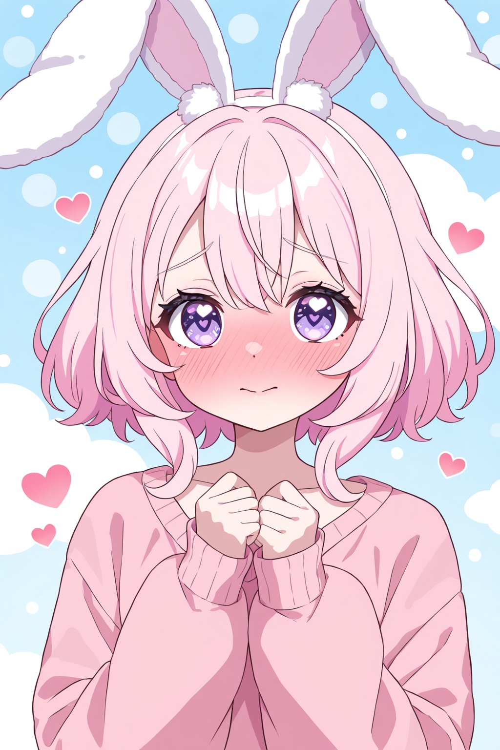 pastel pink sweater,  fluffy bunny ears,  heart-shaped blush on Tensor.Art