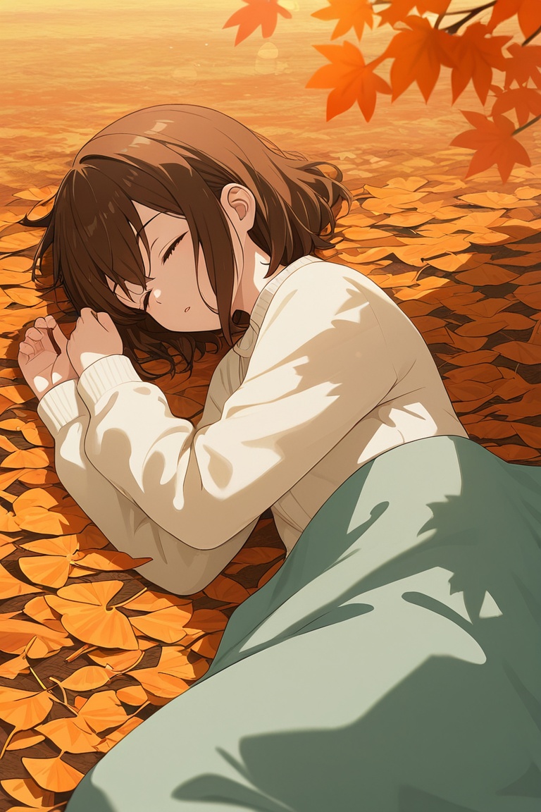 Anime girl sleeping under warm autumn sun with orange leaves falling around,  peaceful dreamy art on Tensor.Art