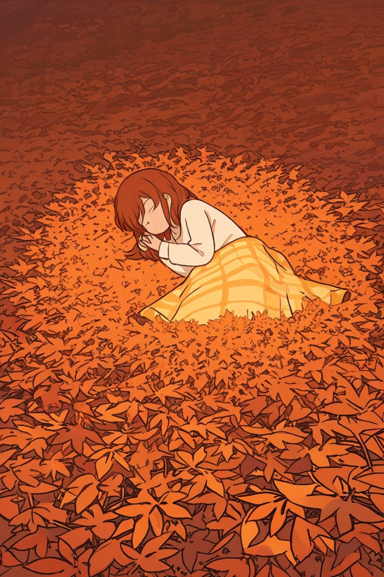 Anime girl sleeping under warm autumn sun with orange leaves falling around,  peaceful dreamy art on Tensor.Art
