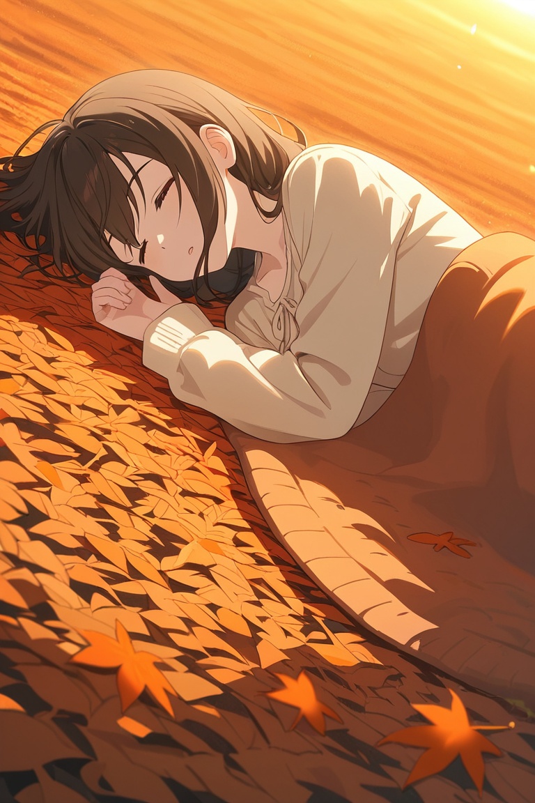 Anime girl sleeping under warm autumn sun with orange leaves falling around,  peaceful dreamy art on Tensor.Art