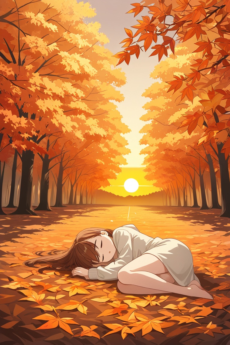 Anime girl sleeping under warm autumn sun with orange leaves falling around,  peaceful dreamy art on Tensor.Art