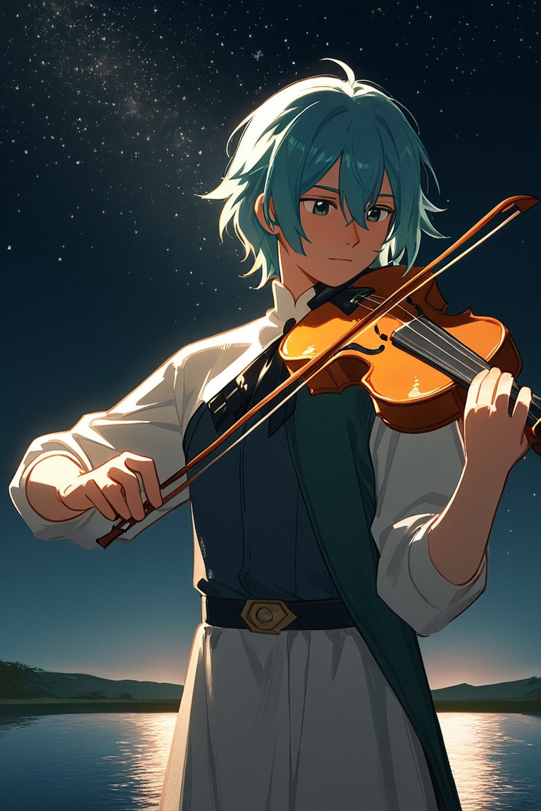 Anime guy playing violin by a lake under the stars,  soft fantasy lighting,  gentle romantic vibe on Tensor.Art