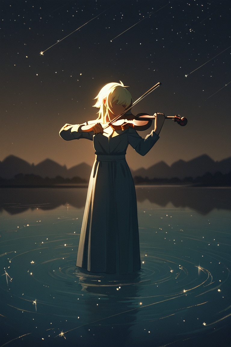 Anime guy playing violin by a lake under the stars,  soft fantasy lighting,  gentle romantic vibe on Tensor.Art