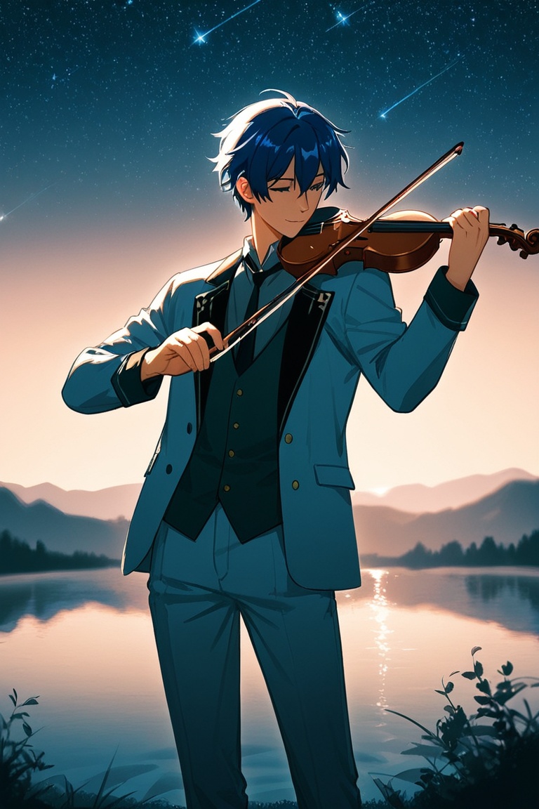 Anime guy playing violin by a lake under the stars,  soft fantasy lighting,  gentle romantic vibe on Tensor.Art