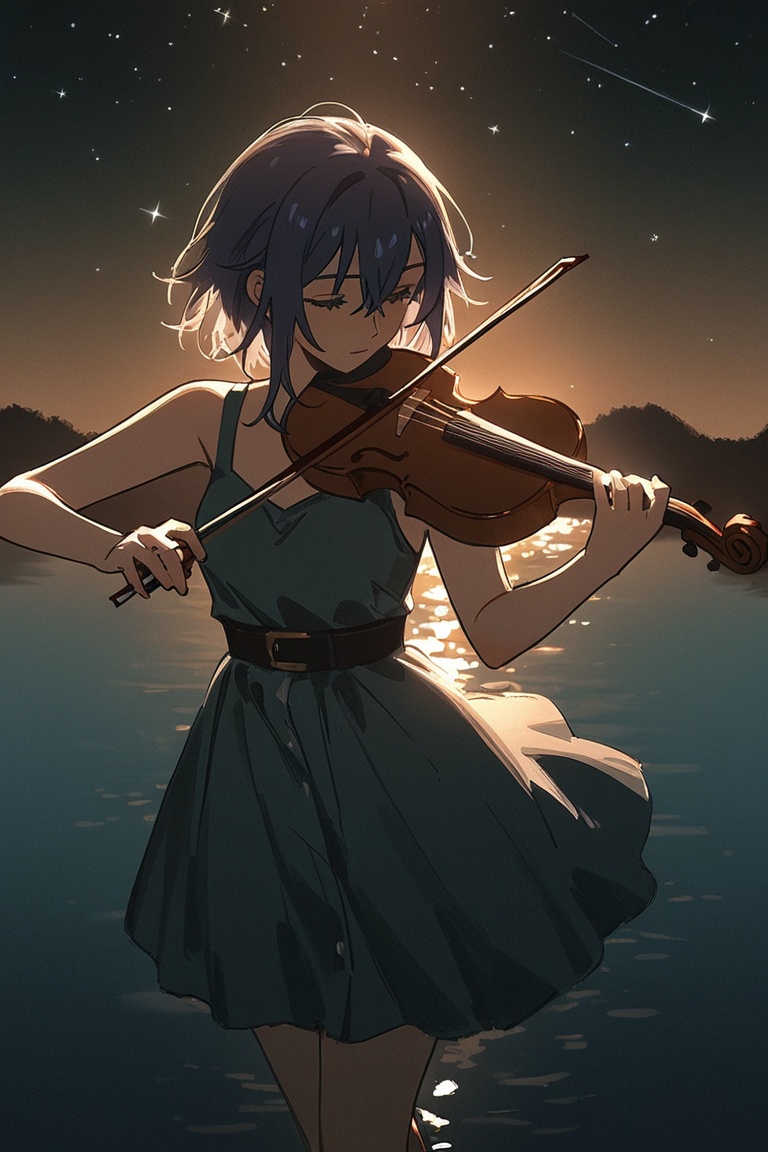 Anime guy playing violin by a lake under the stars,  soft fantasy lighting,  gentle romantic vibe on Tensor.Art