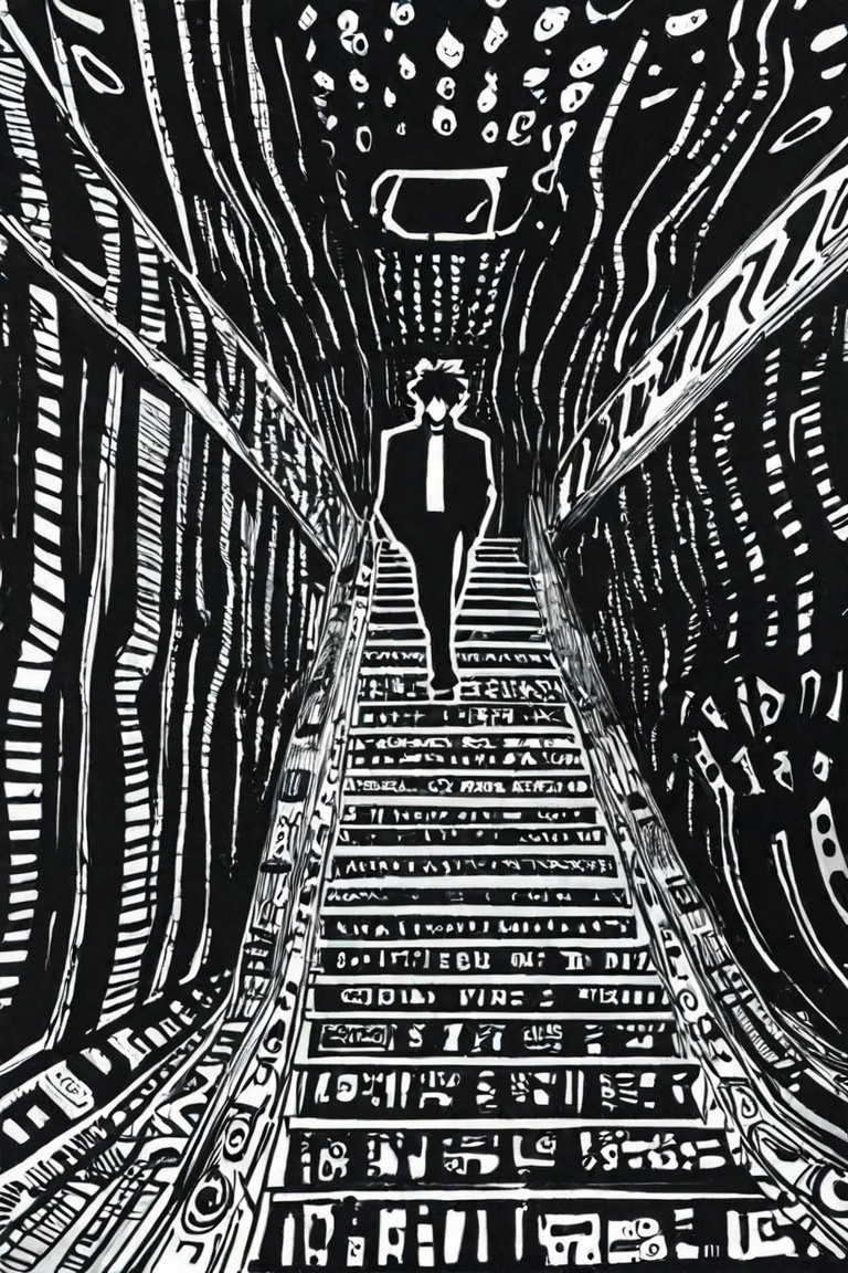 Stylish anime man in monochrome fashion inside an abstract art gallery,  mysterious atmosphere on Tensor.Art