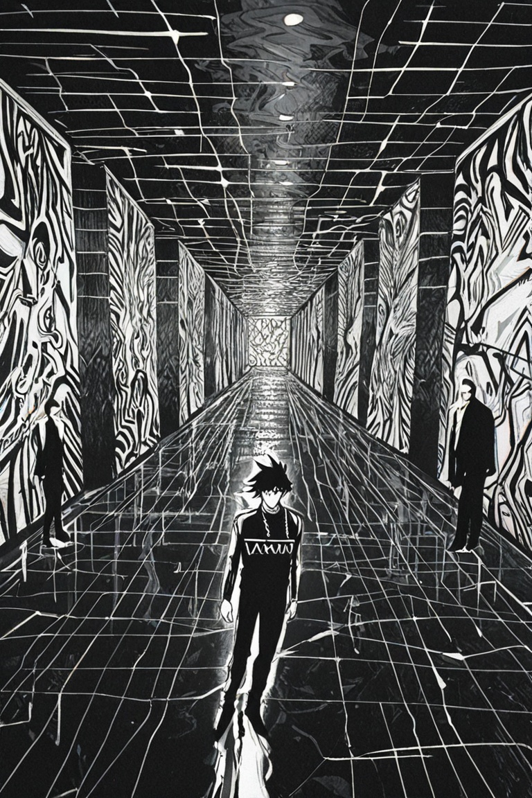 Stylish anime man in monochrome fashion inside an abstract art gallery,  mysterious atmosphere on Tensor.Art