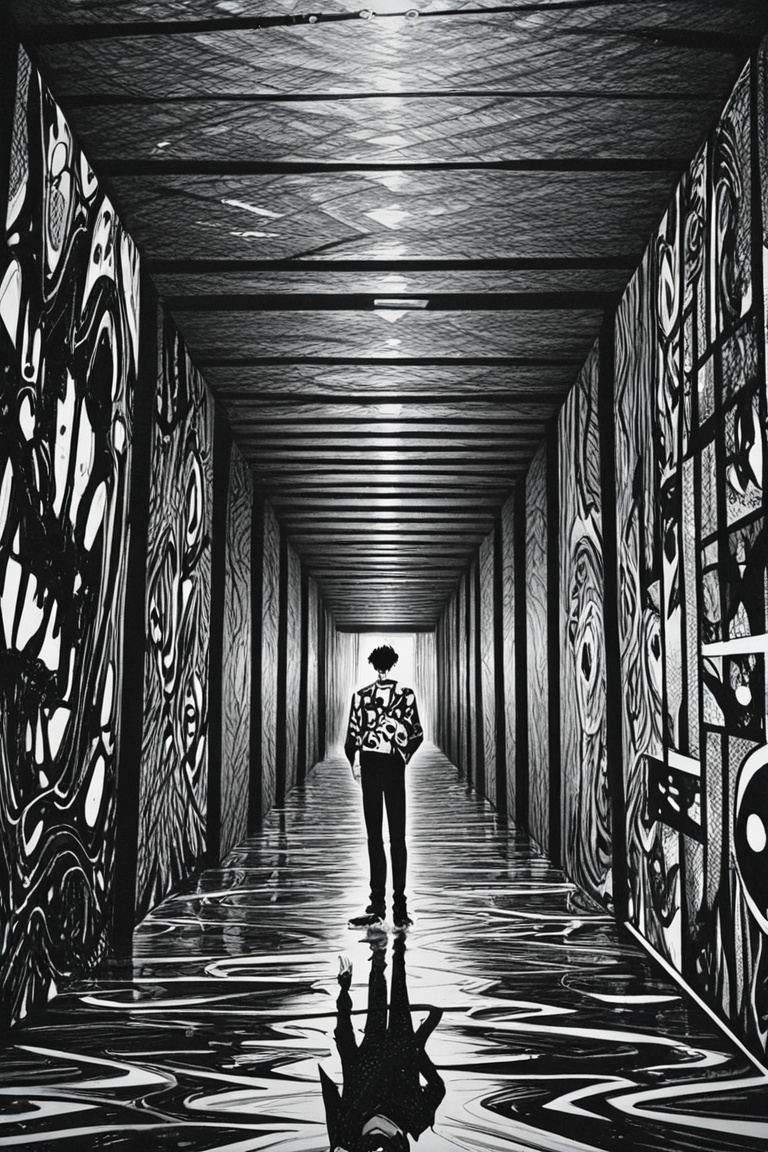 Stylish anime man in monochrome fashion inside an abstract art gallery,  mysterious atmosphere on Tensor.Art