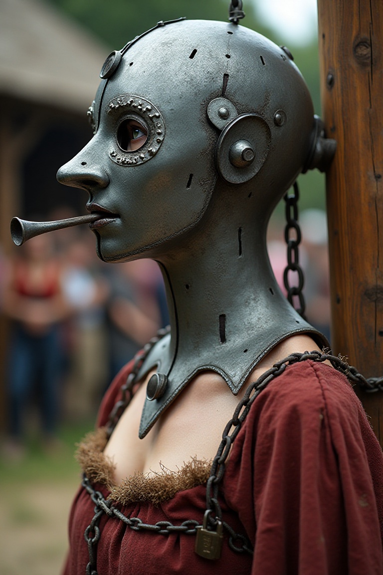 overall wide-angle full height standing view from a distance of 20 metres,  a women captive ith a very long neck is wearin...