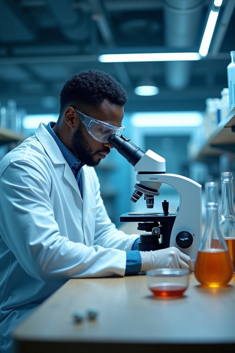 Modern laboratory,  one serious Black scientist in a white lab coat and safety goggles,  examining a petri dish under a hi...