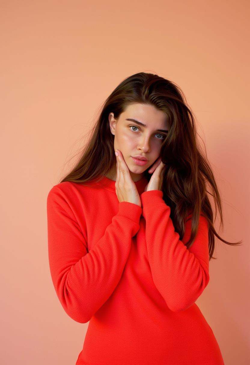 sunnyrayxo,  a 22-year-old brunette woman with piercing green eyes,  stands confidently in a vibrant Coral Red sweater dre...