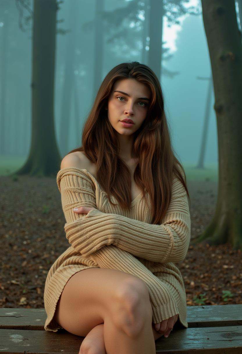 sunnyrayxo,  a 22-year-old brunette woman with piercing green eyes,  sits confidently on a weathered wooden bench on Tenso...