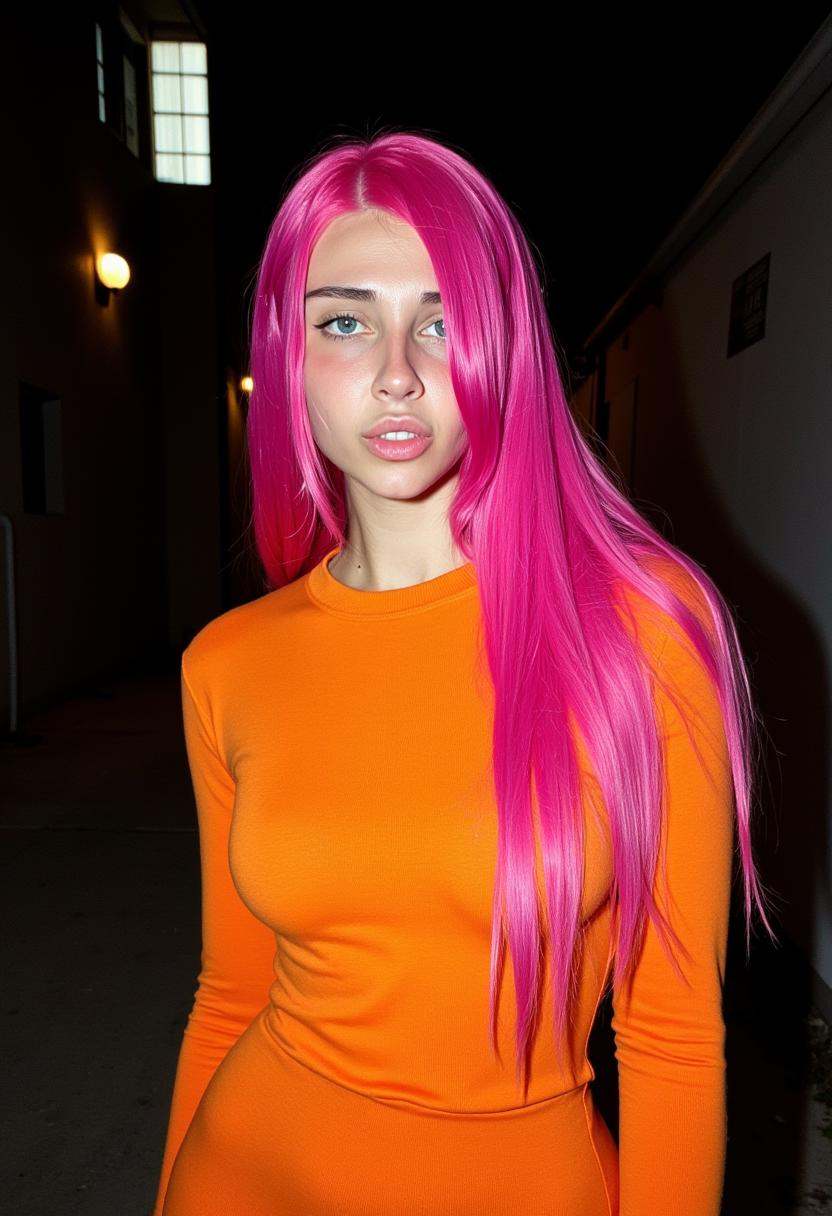 sunnyrayxo stands confidently in a dimly lit alleyway,  sporting a vibrant Tangerine Orange sweater dress and bold,  Magen...