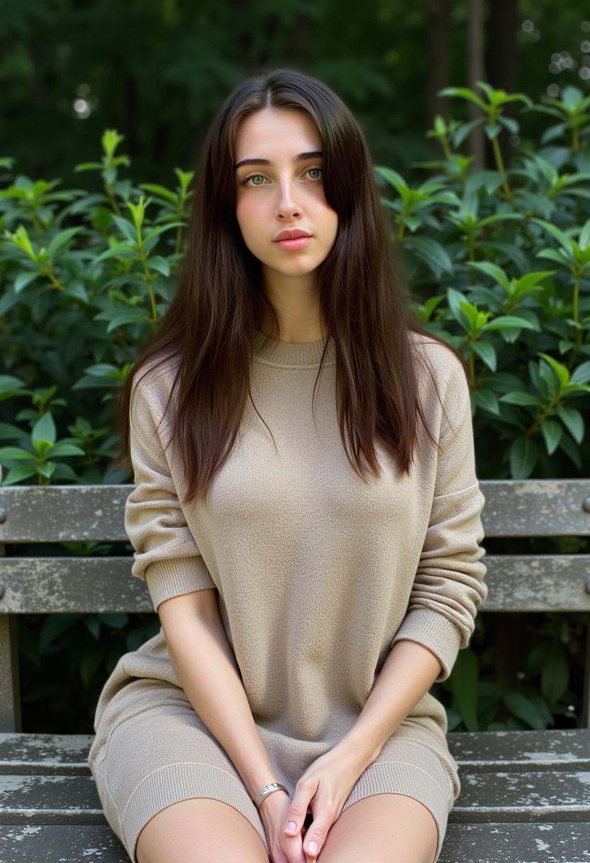 Sunnyrayxo,  a 22-year-old woman with brunette hair and green eyes,  sits on a weathered stone bench surrounded by lush gr...