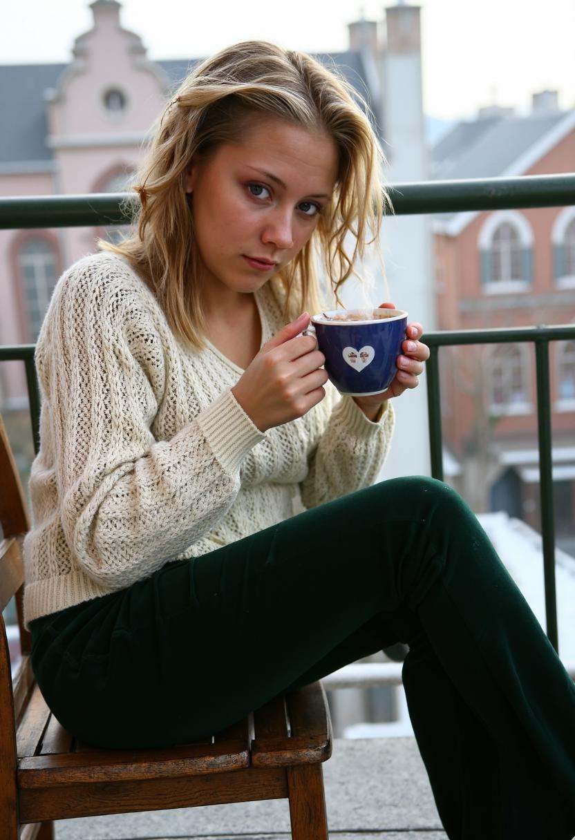 Sandy Fair,  a 21-year-old woman with curly brown hair,  sits on a rustic wooden chair on Tensor.Art