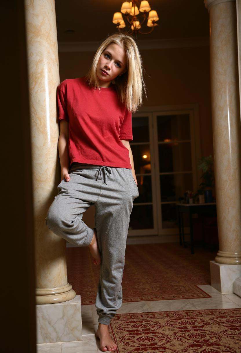 Sandy Fair,  a 21-year-old woman with blonde hair falling over her shoulder,  stands in the dimly lit hallway of a luxurio...