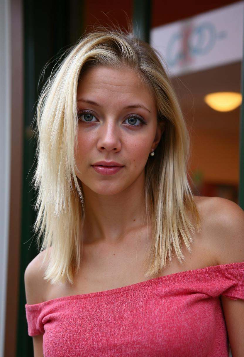 Sandy Fair,  a 21-year-old woman with blonde hair cascading over her right shoulder,  stands confidently in front of a vib...